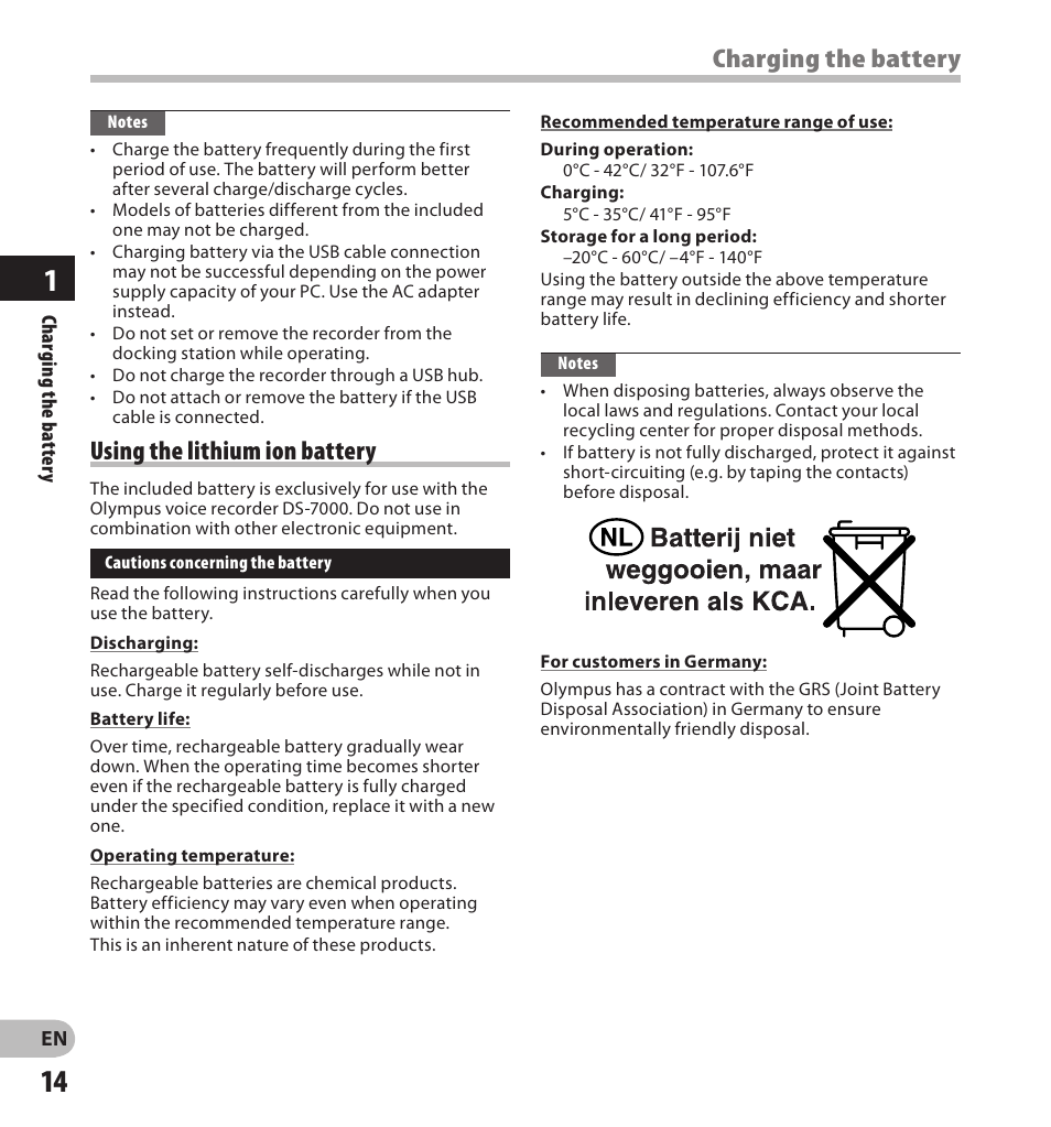 Using the lithium ion battery, Charging the battery | Olympus DS-7000 User Manual | Page 14 / 56