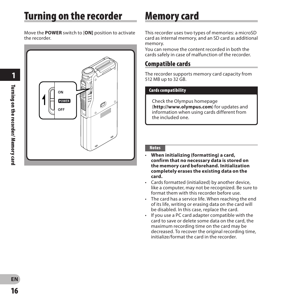 Turning on the recorder, Compatible cards | Olympus DS-7000 User Manual | Page 16 / 56