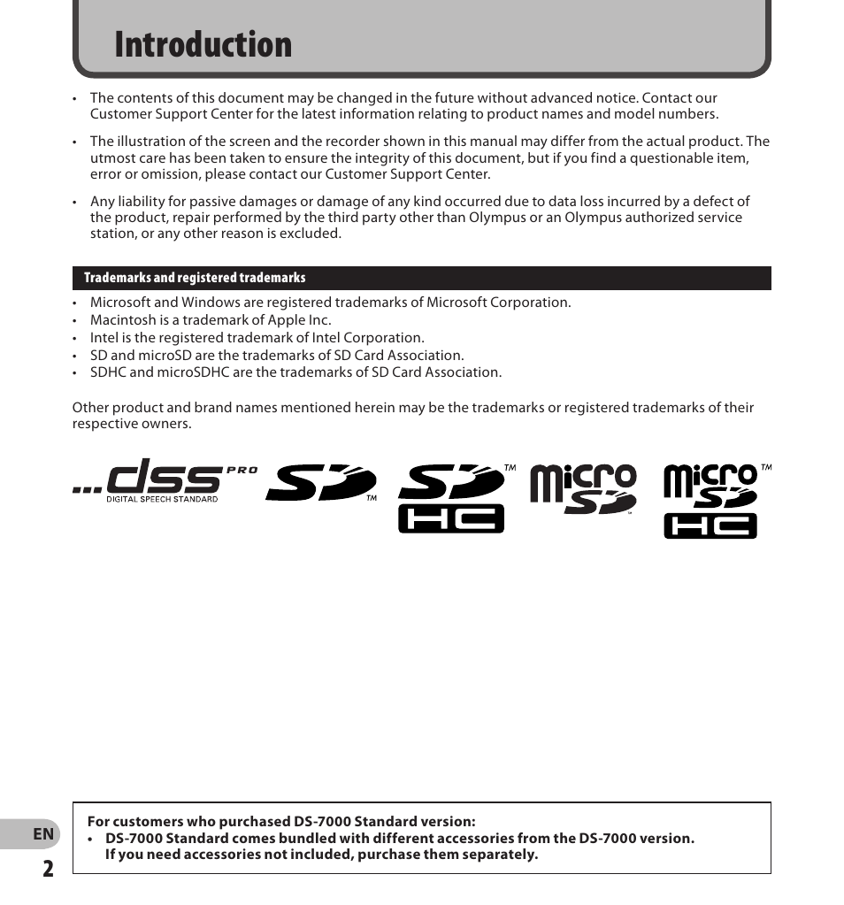 Introduction | Olympus DS-7000 User Manual | Page 2 / 56