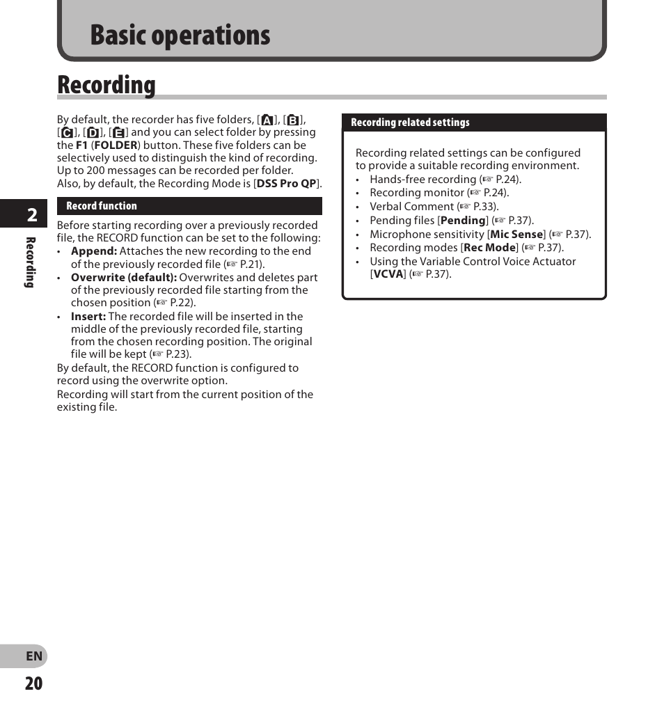 Basic operations, Recording | Olympus DS-7000 User Manual | Page 20 / 56