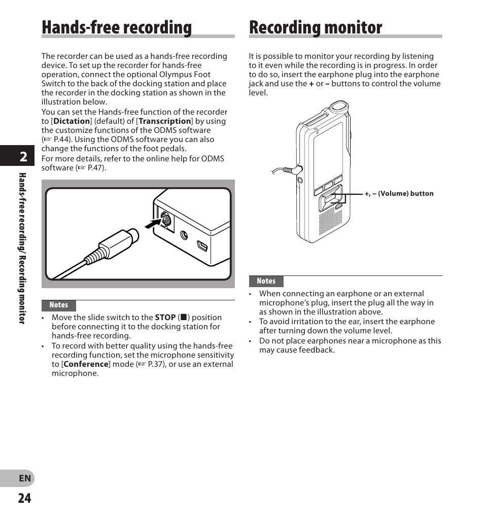 Hands-free recording, Recording monitor | Olympus DS-7000 User Manual | Page 24 / 56