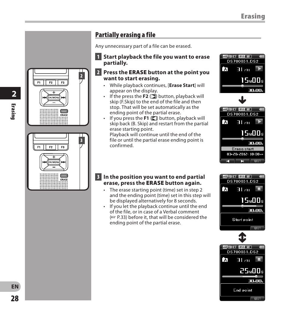Erasing partially erasing a file | Olympus DS-7000 User Manual | Page 28 / 56