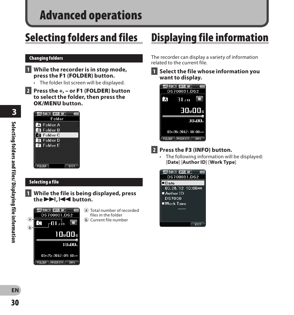 Advanced operations, Selecting folders and files, Displaying file information | Olympus DS-7000 User Manual | Page 30 / 56
