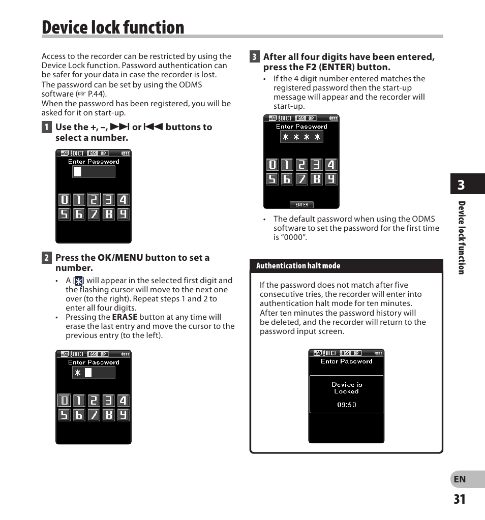 Device lock function | Olympus DS-7000 User Manual | Page 31 / 56