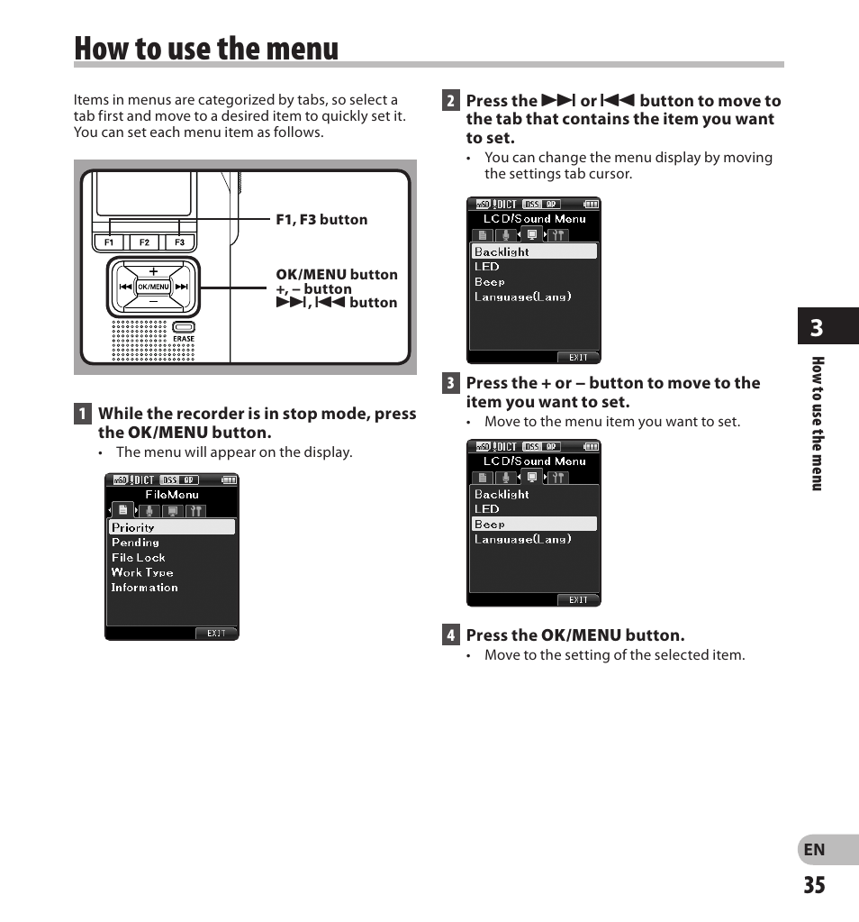 How to use the menu | Olympus DS-7000 User Manual | Page 35 / 56