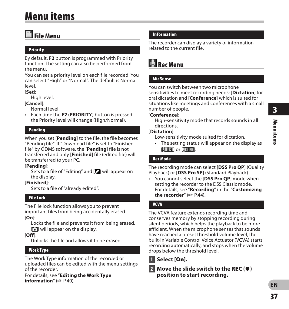 Menu items, Rec menu, File menu | Olympus DS-7000 User Manual | Page 37 / 56