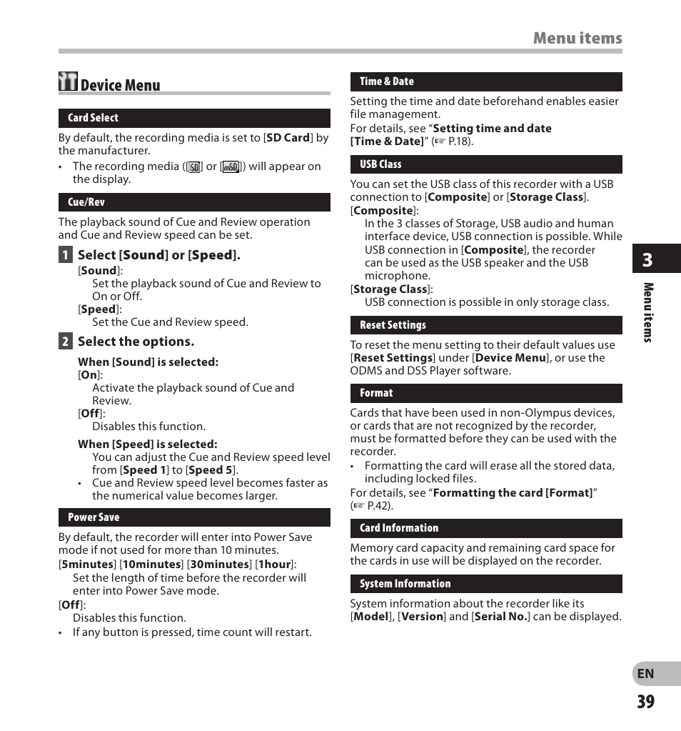Menu items, Device menu | Olympus DS-7000 User Manual | Page 39 / 56