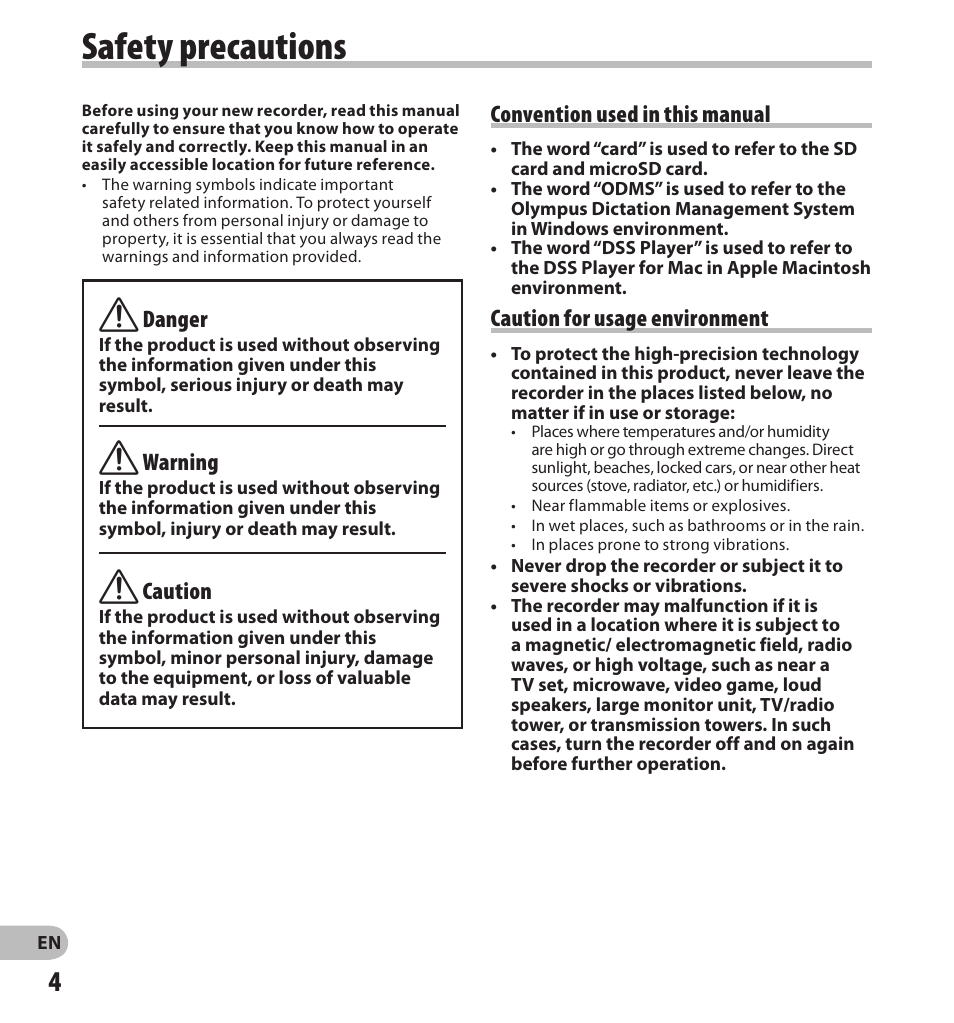 Safety precautions, Convention used in this manual, Caution for usage environment | F danger, F warning, F caution | Olympus DS-7000 User Manual | Page 4 / 56