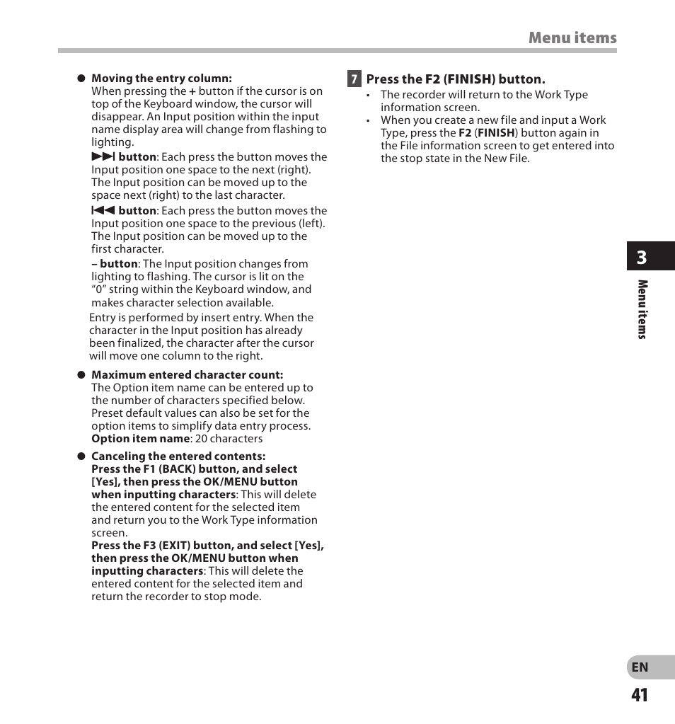 Menu items | Olympus DS-7000 User Manual | Page 41 / 56