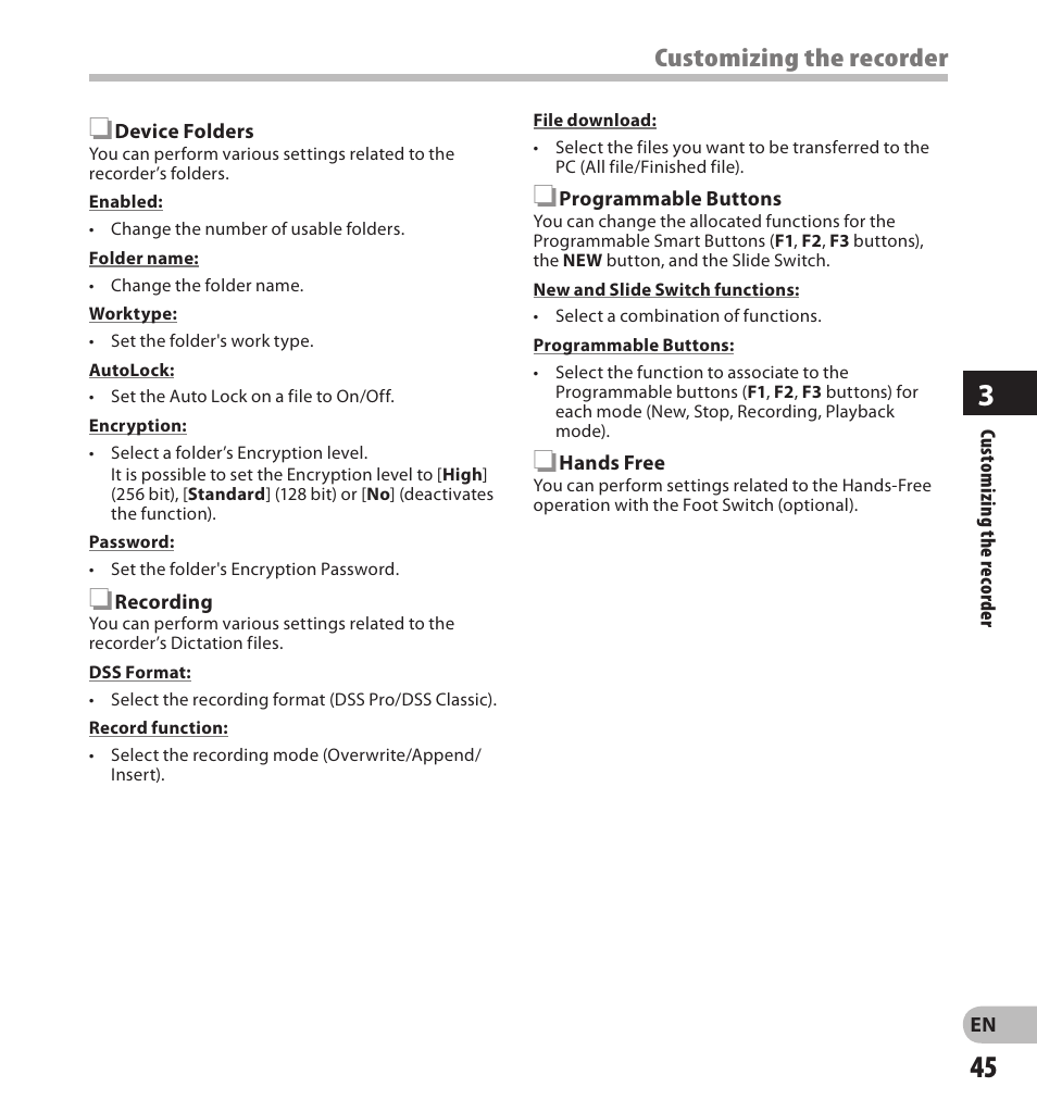 Customizing the recorder | Olympus DS-7000 User Manual | Page 45 / 56