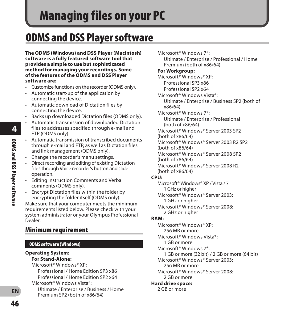 Managing files on your pc, Odms and dss player software, Minimum requirement | Olympus DS-7000 User Manual | Page 46 / 56