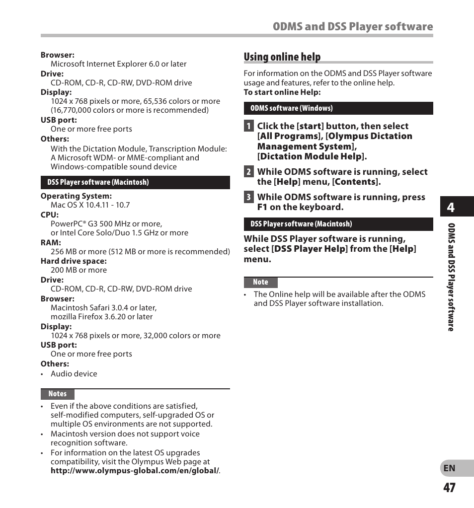 Odms and dss player software using online help | Olympus DS-7000 User Manual | Page 47 / 56