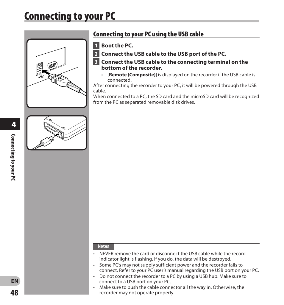 Connecting to your pc, Connecting to your pc using the usb cable | Olympus DS-7000 User Manual | Page 48 / 56