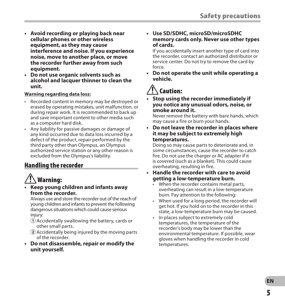 Safety precautions, Handling the recorder f warning, F caution | Olympus DS-7000 User Manual | Page 5 / 56