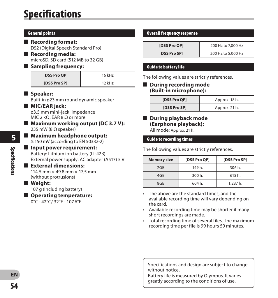 Specifications | Olympus DS-7000 User Manual | Page 54 / 56