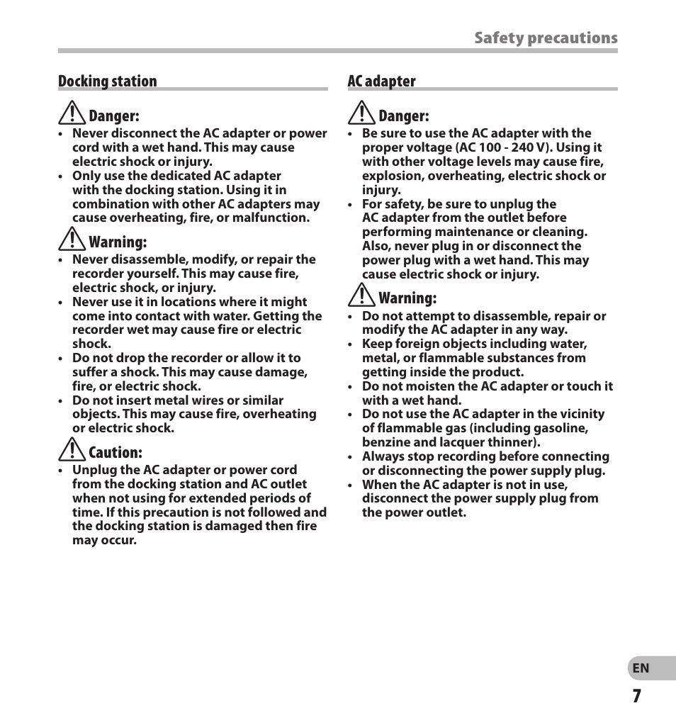 Safety precautions docking station f danger, F warning, F caution | Ac adapter f danger | Olympus DS-7000 User Manual | Page 7 / 56