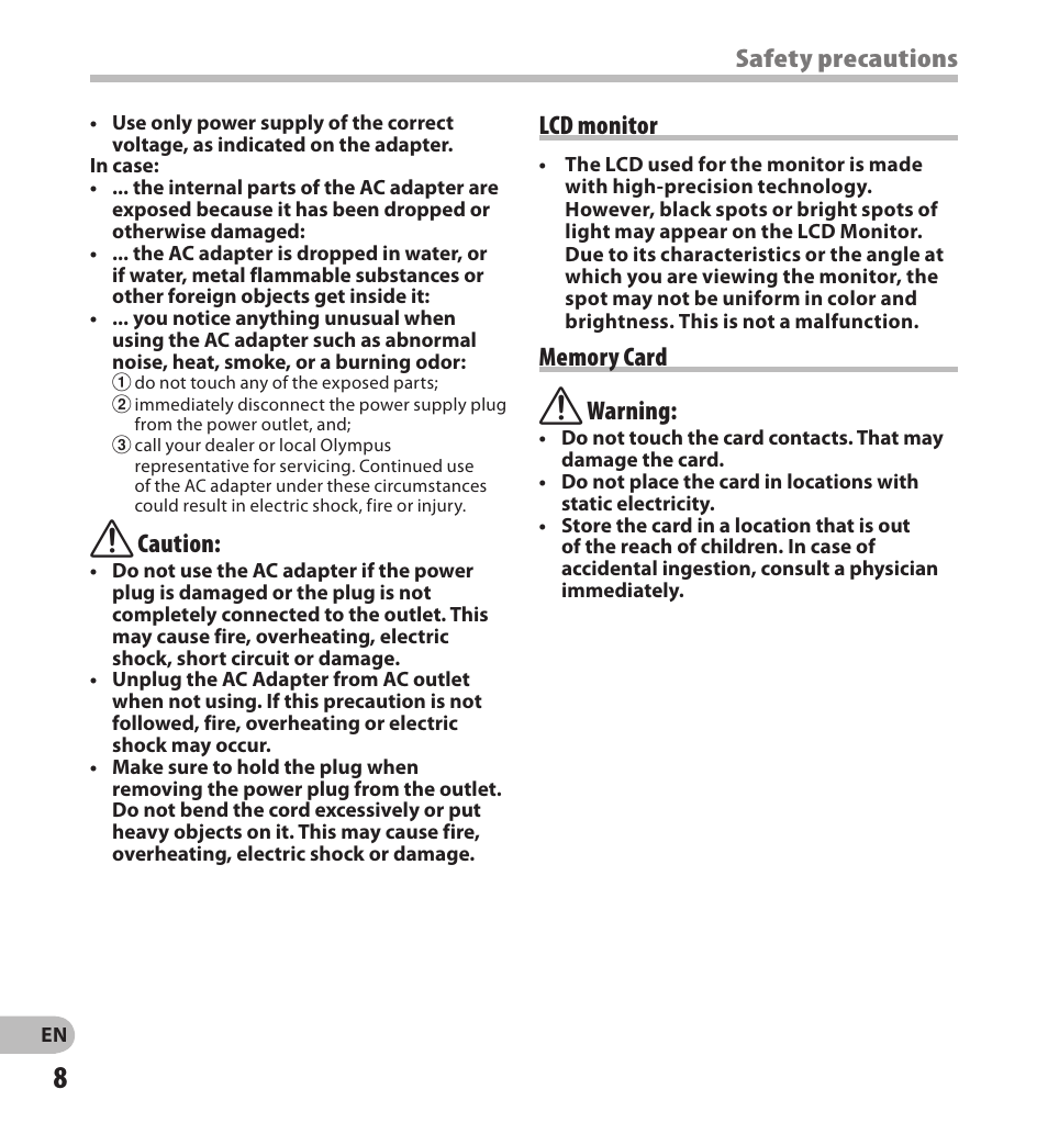 Safety precautions, F caution, Lcd monitor | Olympus DS-7000 User Manual | Page 8 / 56