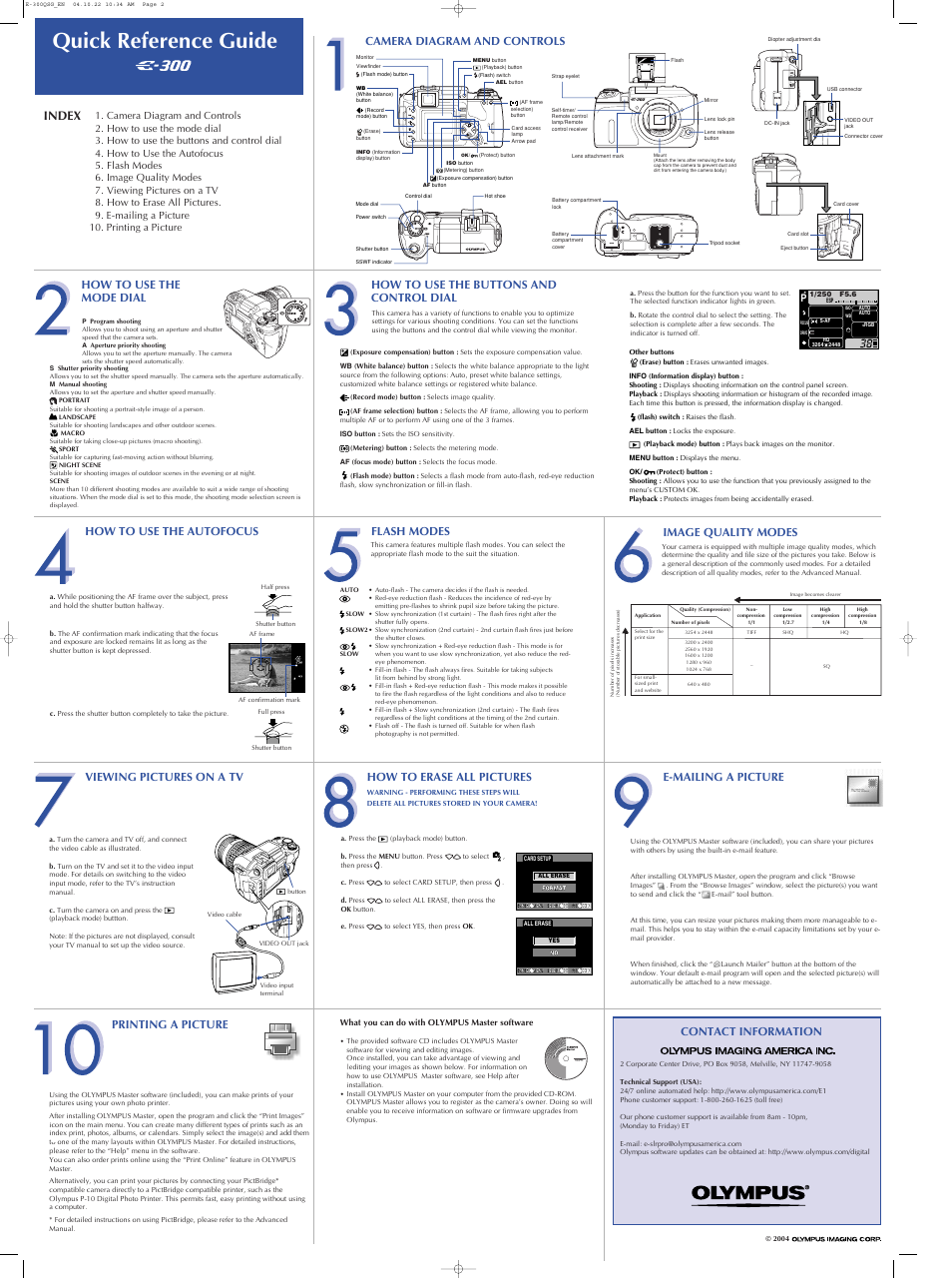 Quick reference guide, Index, Camera diagram and controls | Flash modes image quality modes, Viewing pictures on a tv how to erase all pictures, Printing a picture contact information, E-mailing a picture | Olympus EVOLT E-300 User Manual | Page 2 / 2