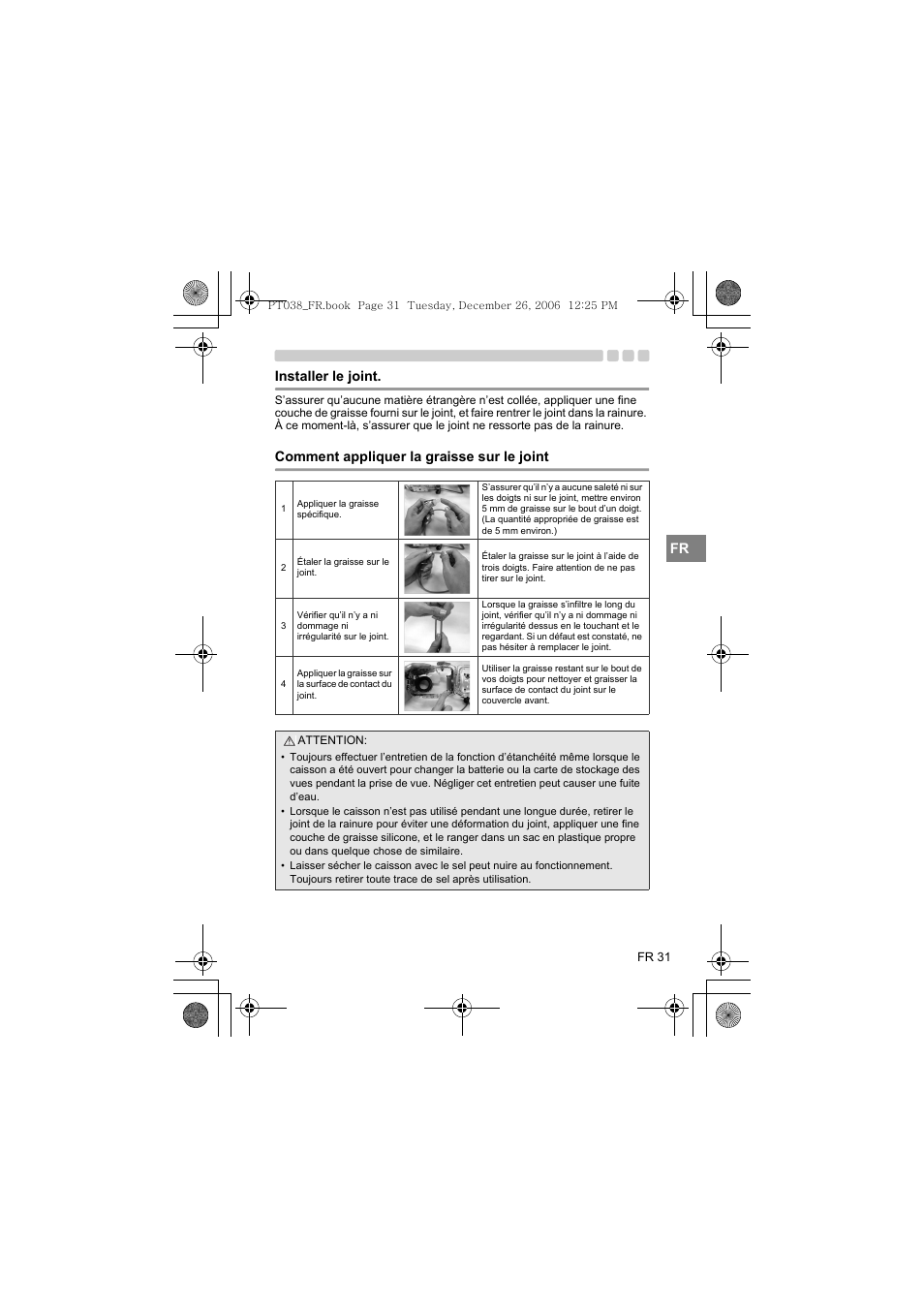 Installer le joint, Comment appliquer la graisse sur le joint | Olympus PT-038 User Manual | Page 107 / 268