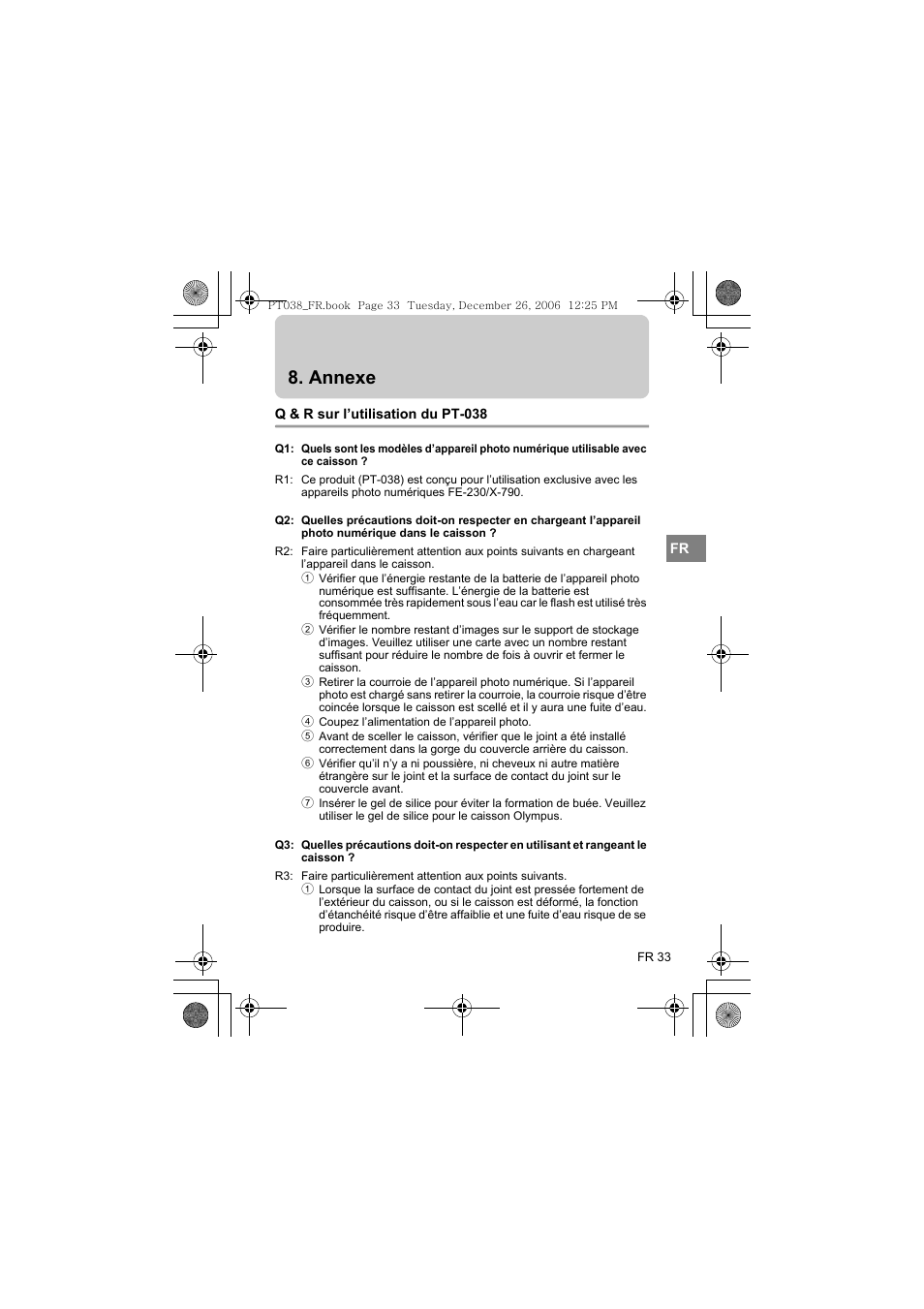 Annexe, Q & r sur l’utilisation du pt-038 | Olympus PT-038 User Manual | Page 109 / 268