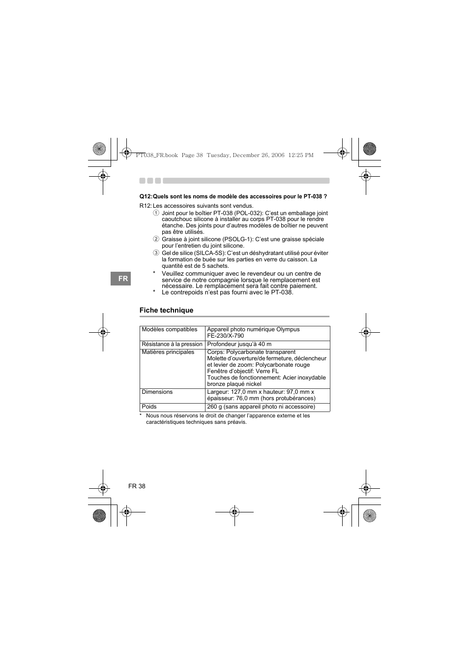 Fiche technique | Olympus PT-038 User Manual | Page 114 / 268