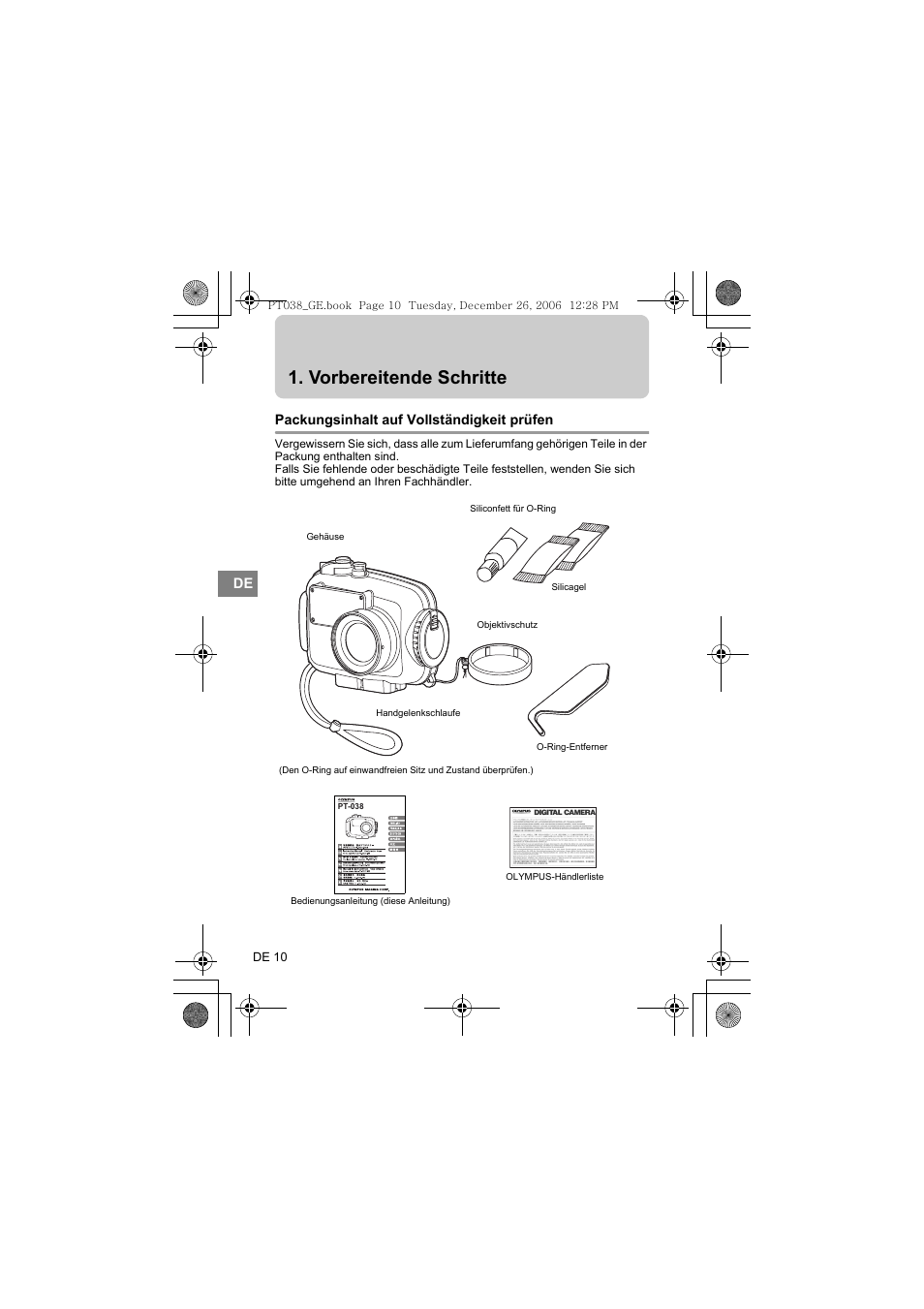 Vorbereitende schritte, Packungsinhalt auf vollständigkeit prüfen | Olympus PT-038 User Manual | Page 124 / 268