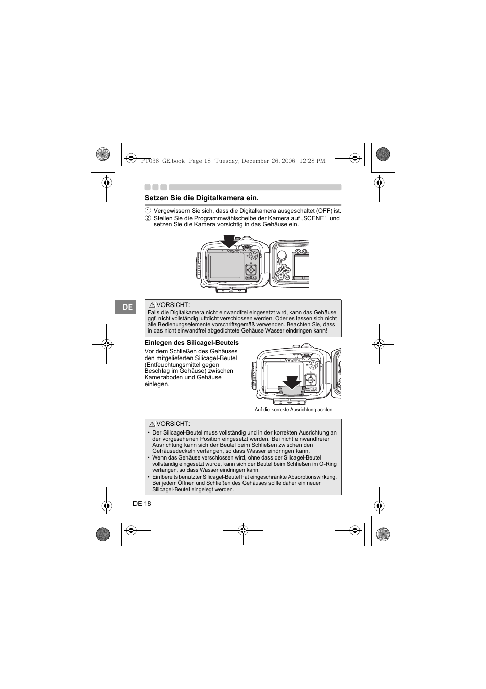 Setzen sie die digitalkamera ein, Einlegen des silicagel-beutels | Olympus PT-038 User Manual | Page 132 / 268