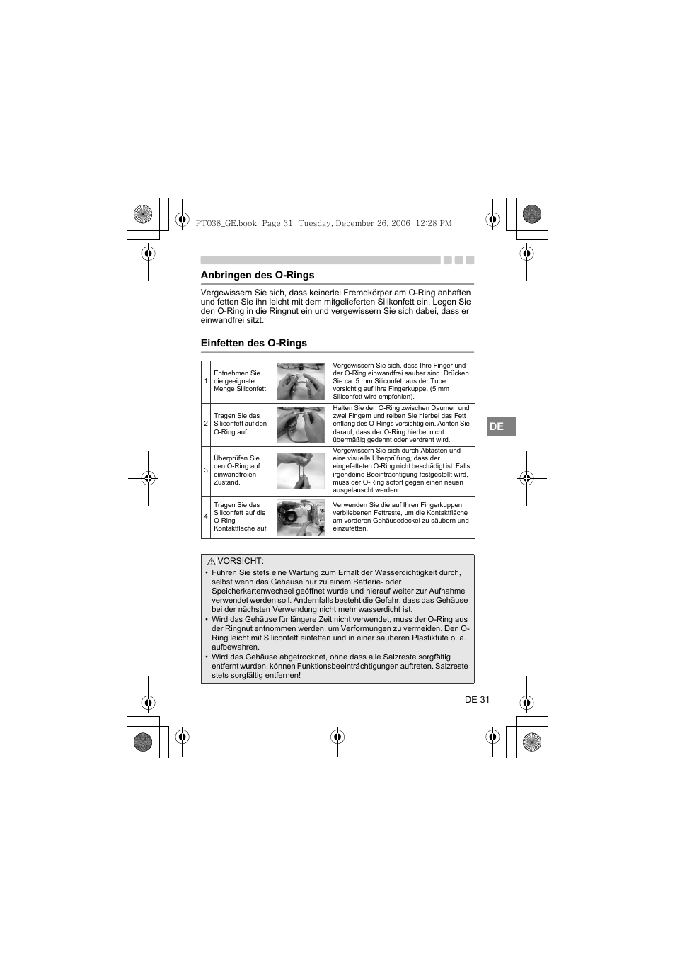 Anbringen des o-rings, Einfetten des o-rings | Olympus PT-038 User Manual | Page 145 / 268