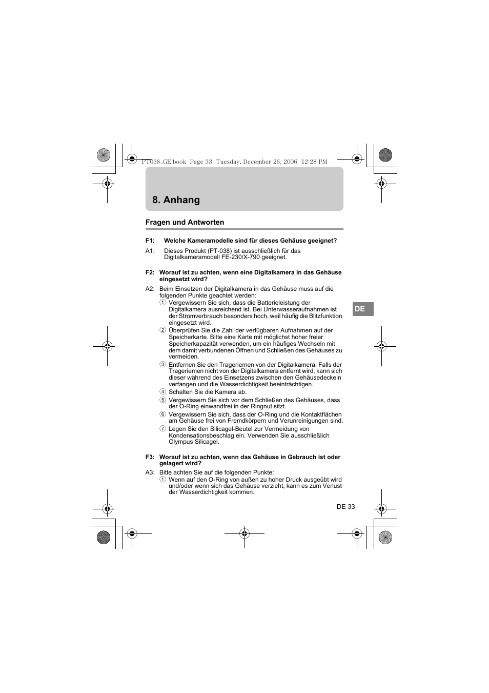Anhang, Fragen und antworten | Olympus PT-038 User Manual | Page 147 / 268