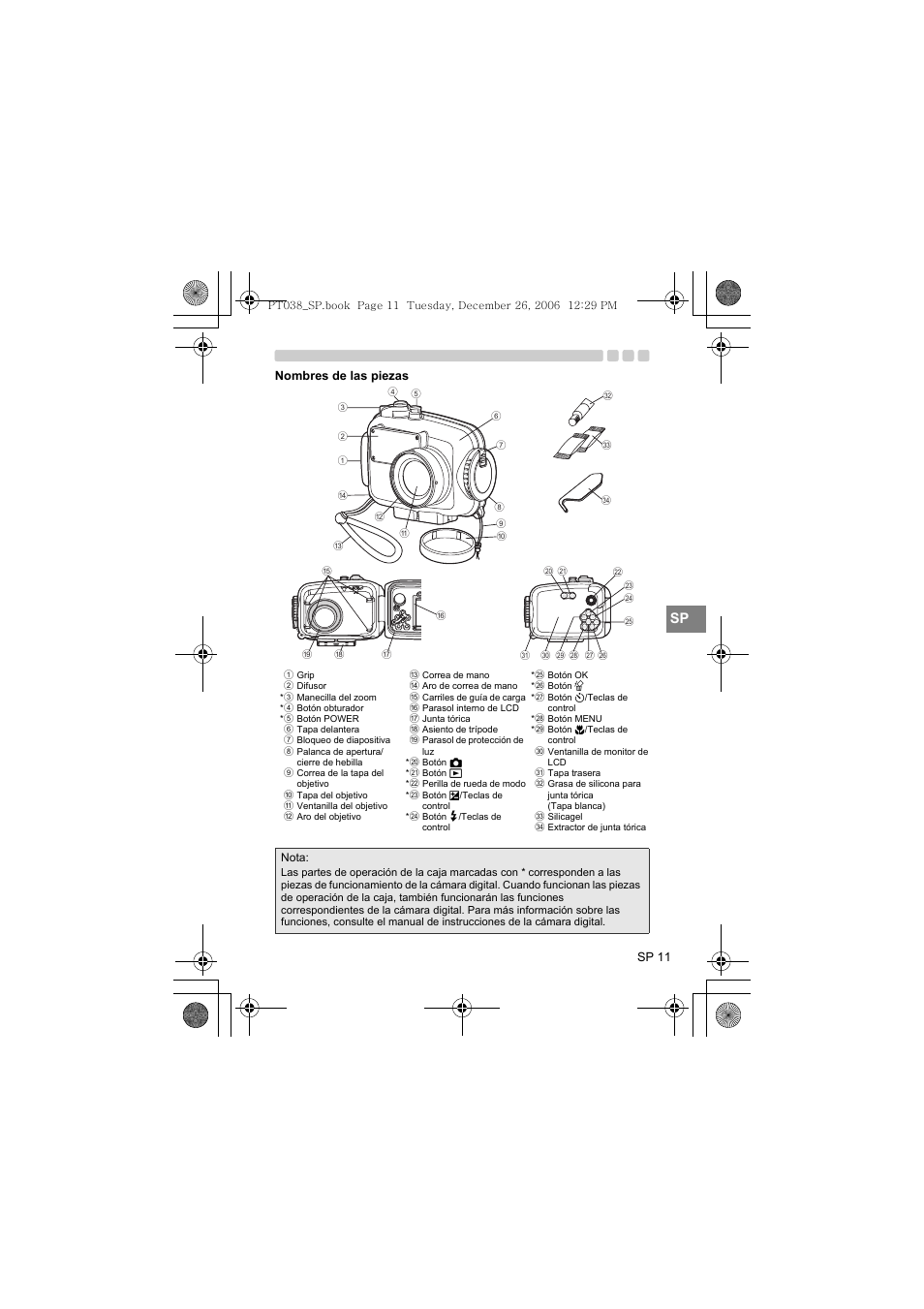 Nombres de las piezas | Olympus PT-038 User Manual | Page 163 / 268