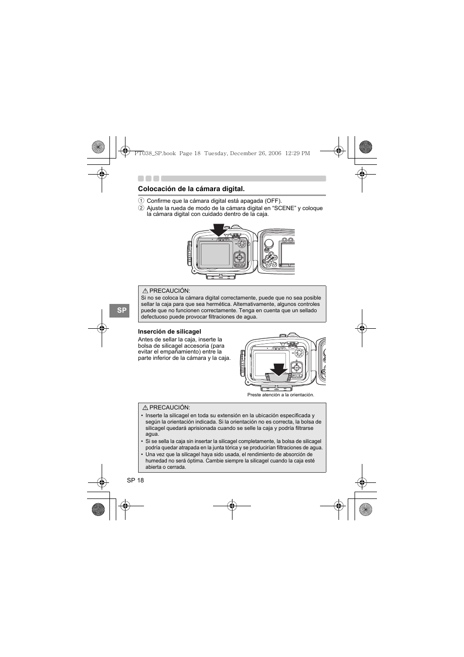 Colocación de la cámara digital, Inserción de silicagel | Olympus PT-038 User Manual | Page 170 / 268