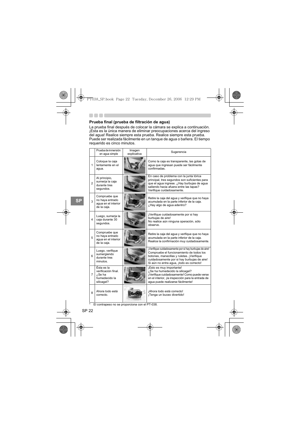 Prueba final (prueba de filtración de agua) | Olympus PT-038 User Manual | Page 174 / 268