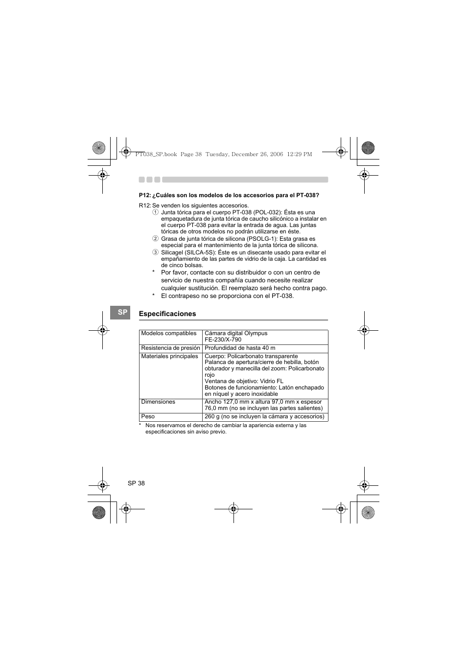 Especificaciones | Olympus PT-038 User Manual | Page 190 / 268