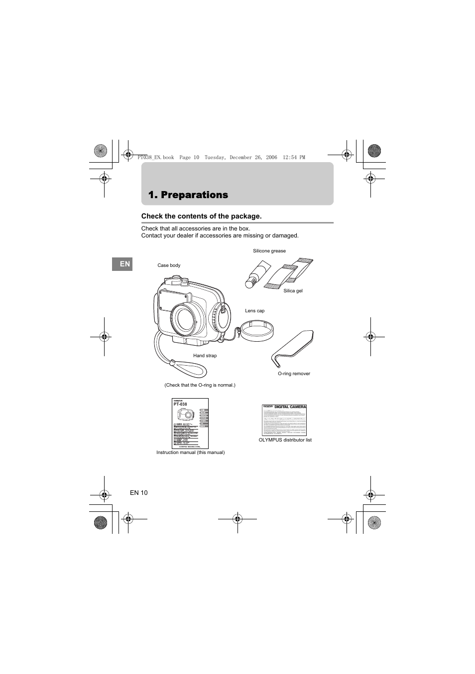 Preparations, Check the contents of the package | Olympus PT-038 User Manual | Page 48 / 268