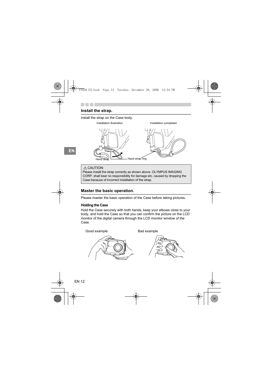 Install the strap, Master the basic operation, Holding the case | Olympus PT-038 User Manual | Page 50 / 268