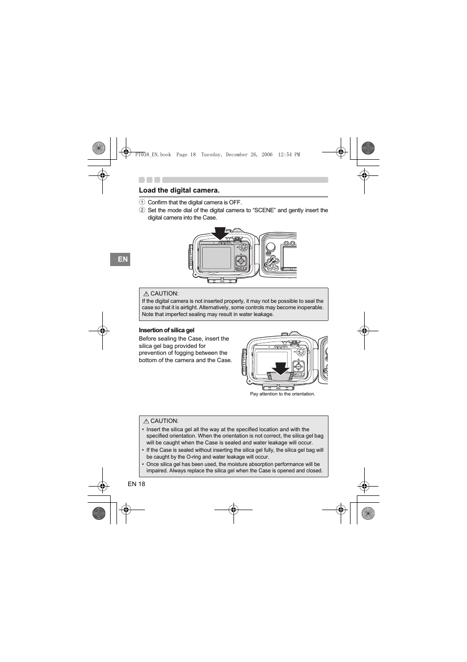 Load the digital camera, Insertion of silica gel | Olympus PT-038 User Manual | Page 56 / 268