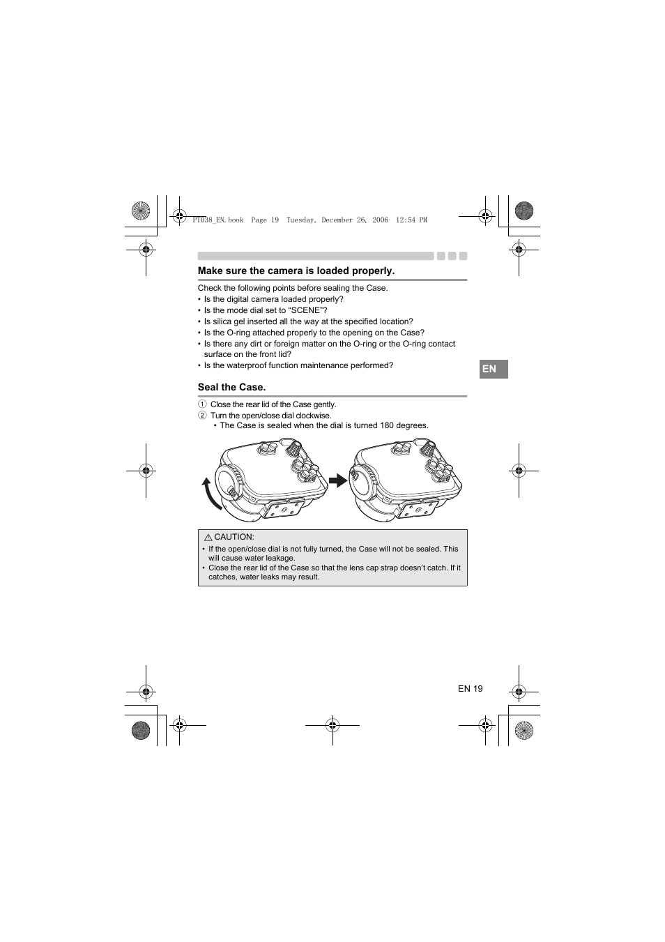 Make sure the camera is loaded properly, Seal the case | Olympus PT-038 User Manual | Page 57 / 268