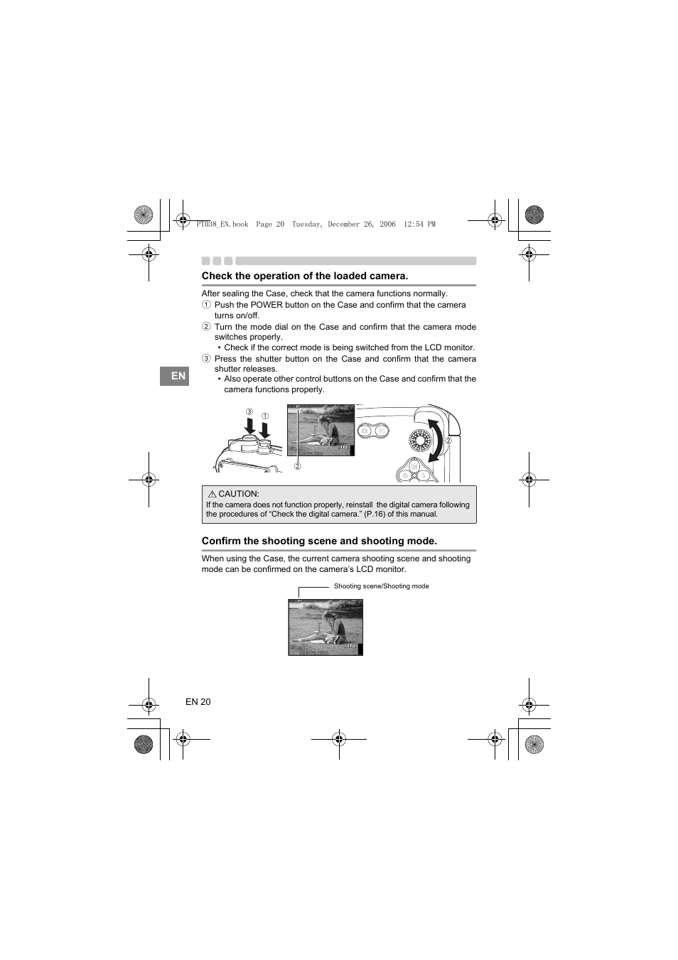 Check the operation of the loaded camera, Confirm the shooting scene and shooting mode | Olympus PT-038 User Manual | Page 58 / 268