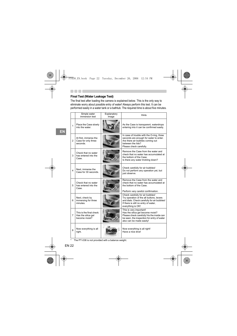 Final test (water leakage test) | Olympus PT-038 User Manual | Page 60 / 268