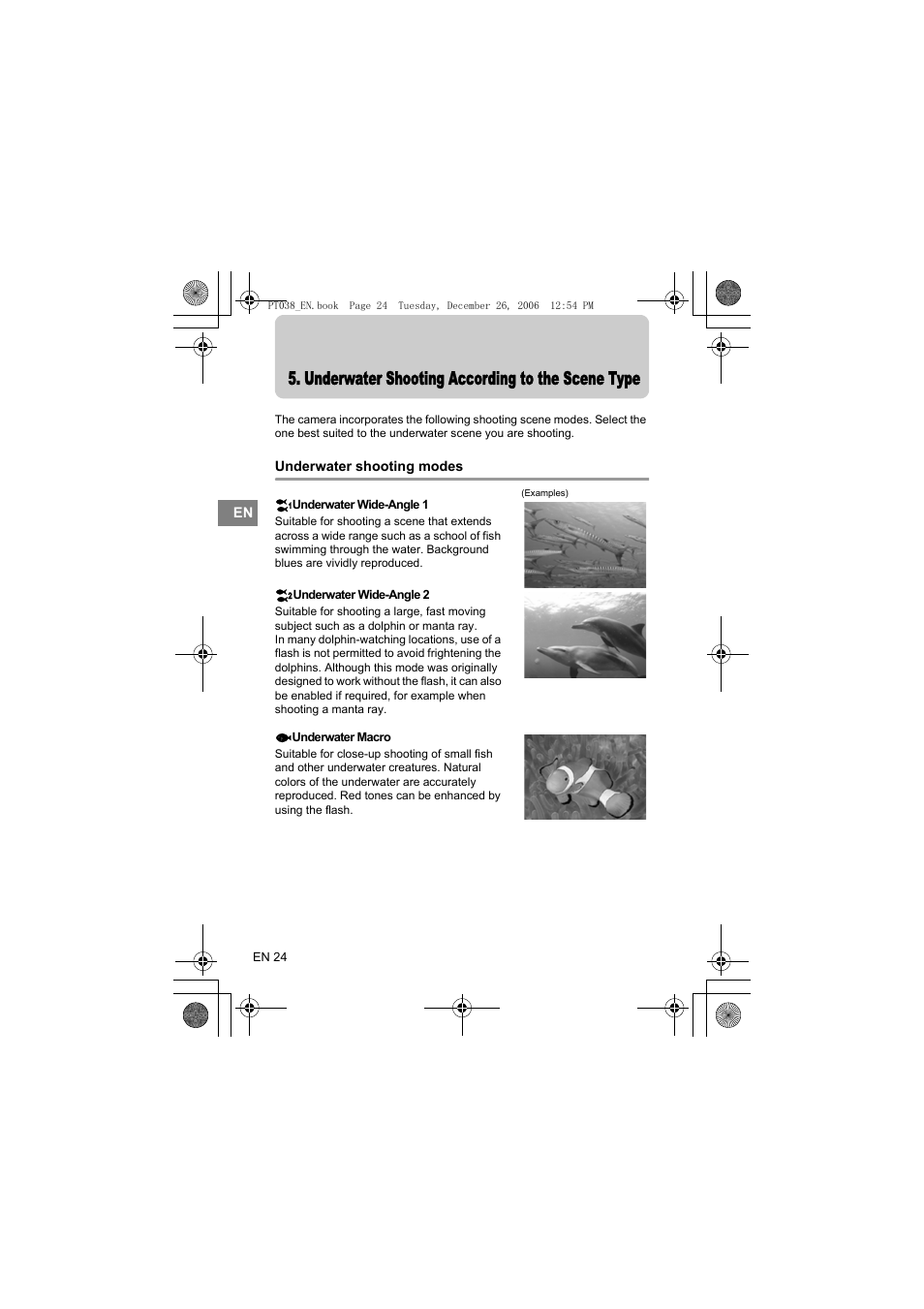 Underwater shooting according to the scene type, Underwater shooting modes | Olympus PT-038 User Manual | Page 62 / 268