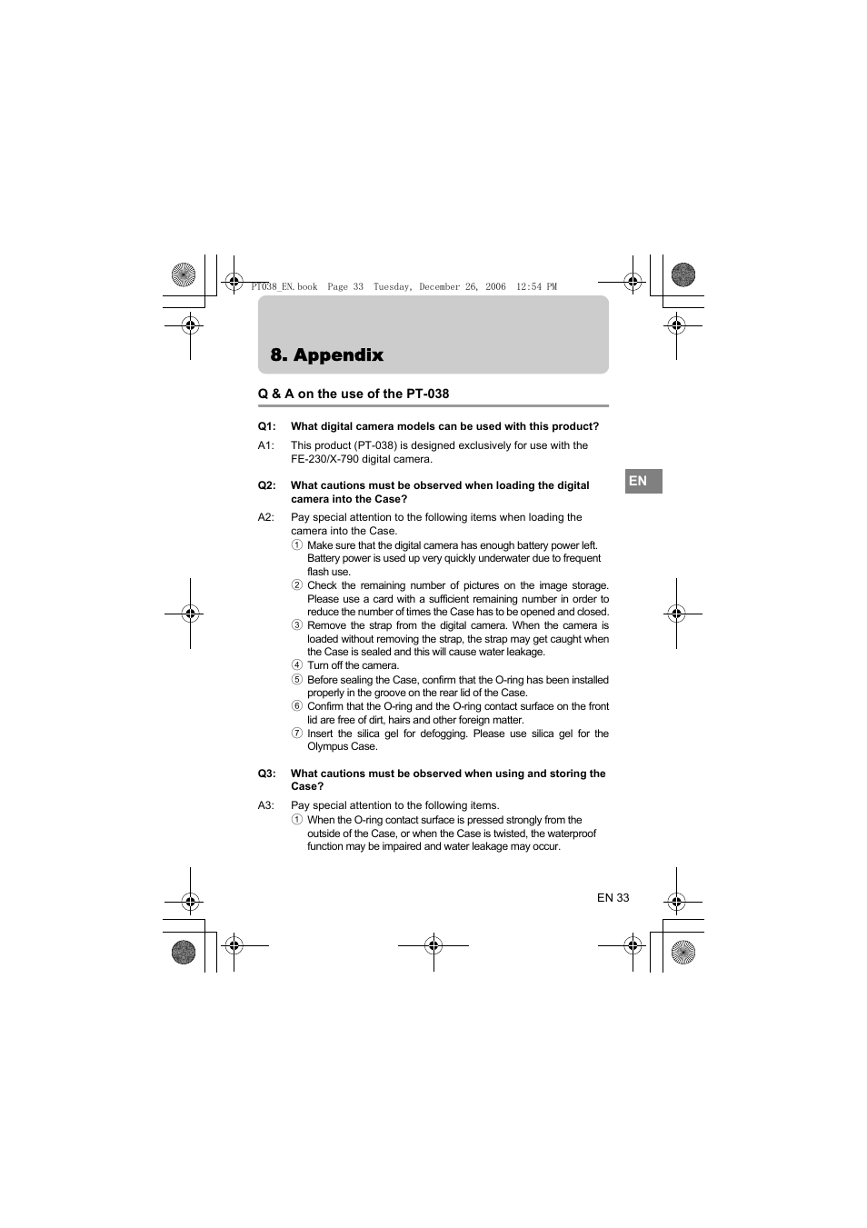 Appendix, Q & a on the use of the pt-038 | Olympus PT-038 User Manual | Page 71 / 268