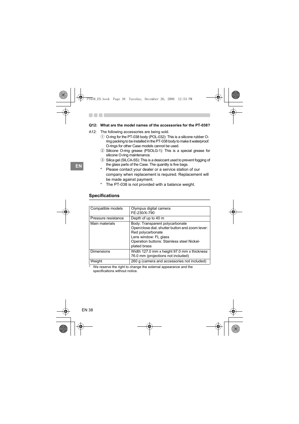 Specifications | Olympus PT-038 User Manual | Page 76 / 268