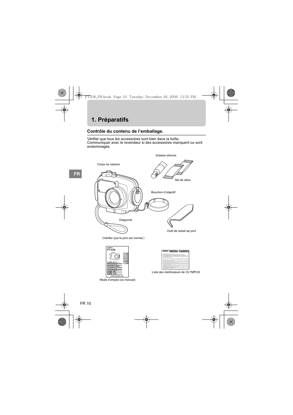 Préparatifs, Contrôle du contenu de l’emballage | Olympus PT-038 User Manual | Page 86 / 268