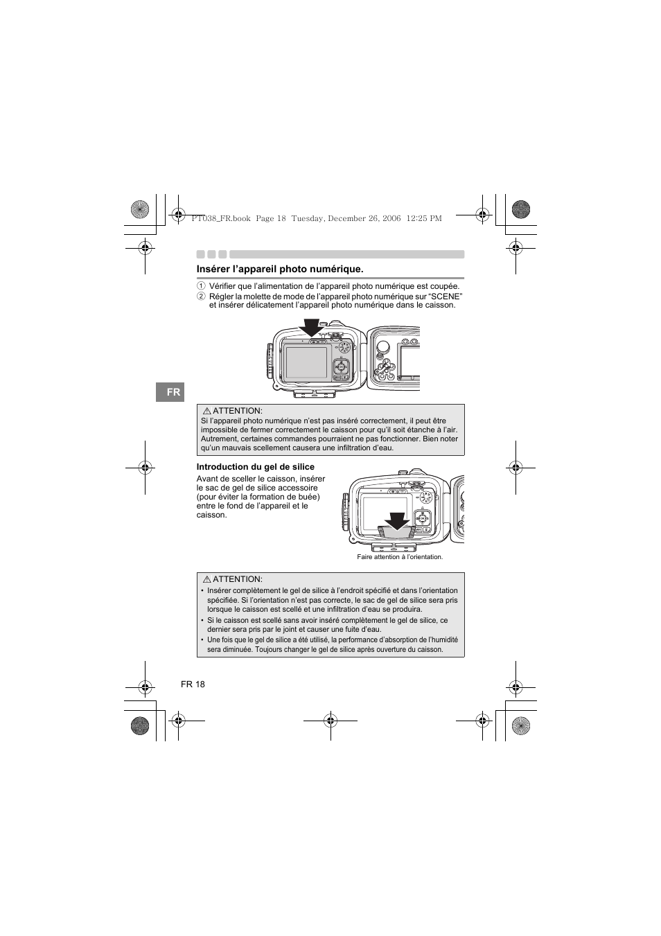 Insérer l’appareil photo numérique, Introduction du gel de silice | Olympus PT-038 User Manual | Page 94 / 268