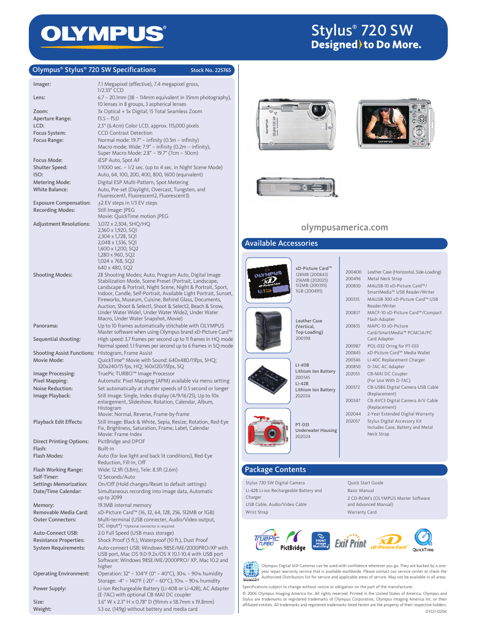 720 sw, Available accessories package contents, Olympus | Stylus, 720 sw specifications | Olympus Stylus 720 SW User Manual | Page 2 / 2
