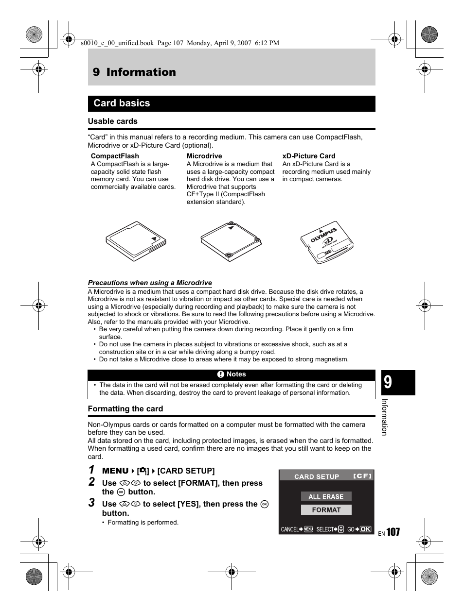 9 information, Card basics | Olympus EVOLT E-510 User Manual | Page 107 / 140