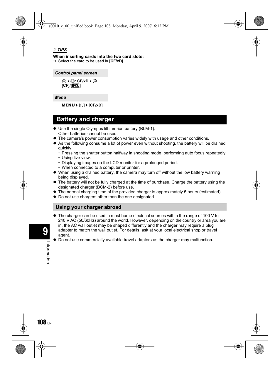 Battery and charger | Olympus EVOLT E-510 User Manual | Page 108 / 140
