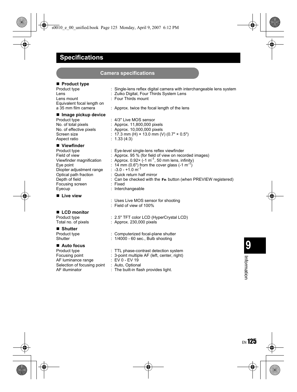 Specifications | Olympus EVOLT E-510 User Manual | Page 125 / 140
