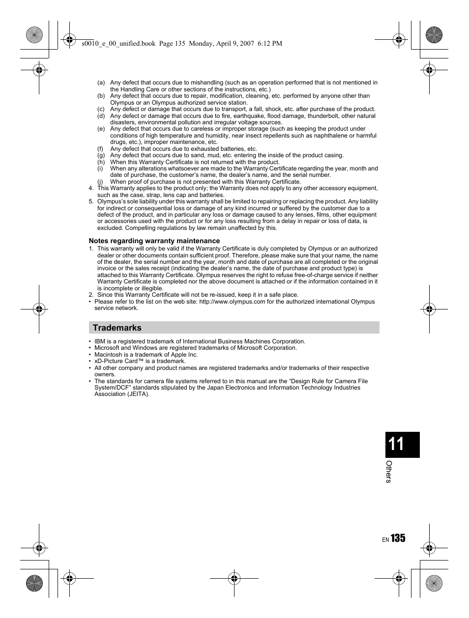 Trademarks | Olympus EVOLT E-510 User Manual | Page 135 / 140