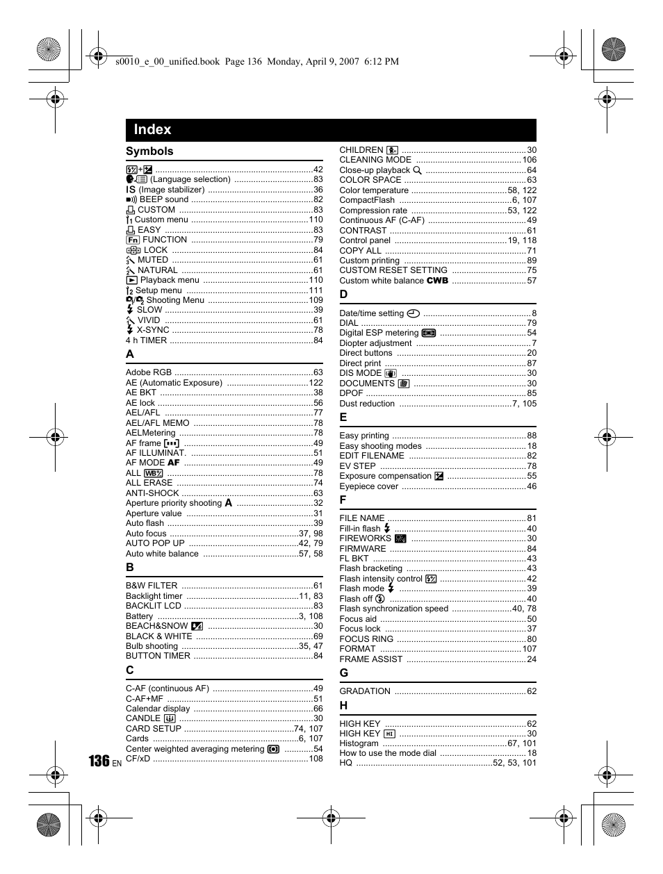 Index | Olympus EVOLT E-510 User Manual | Page 136 / 140